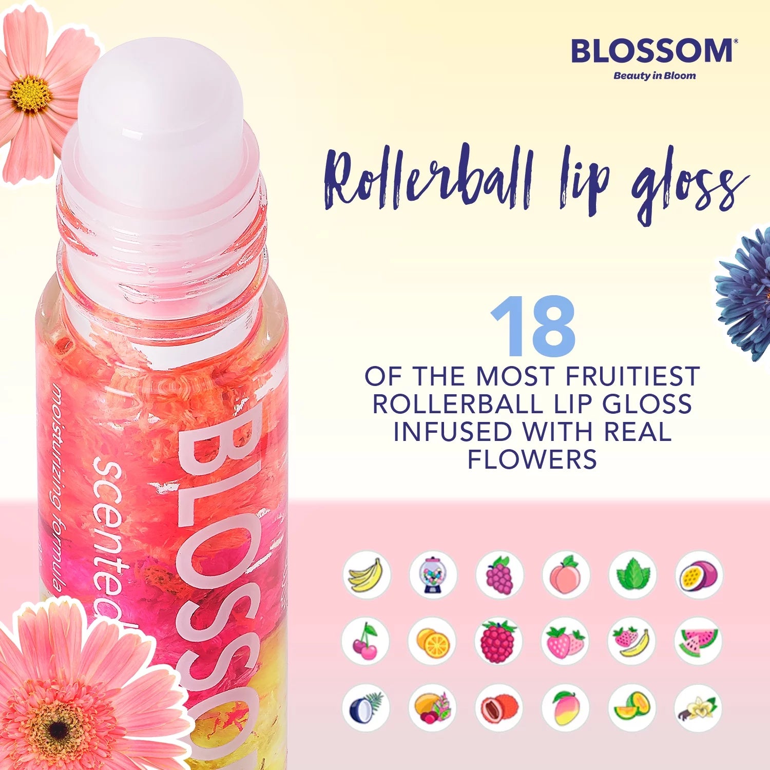 Blossom Scented Roll on Lip Gloss, Infused with Real Flowers, 0.20 fl. oz./5.9ml