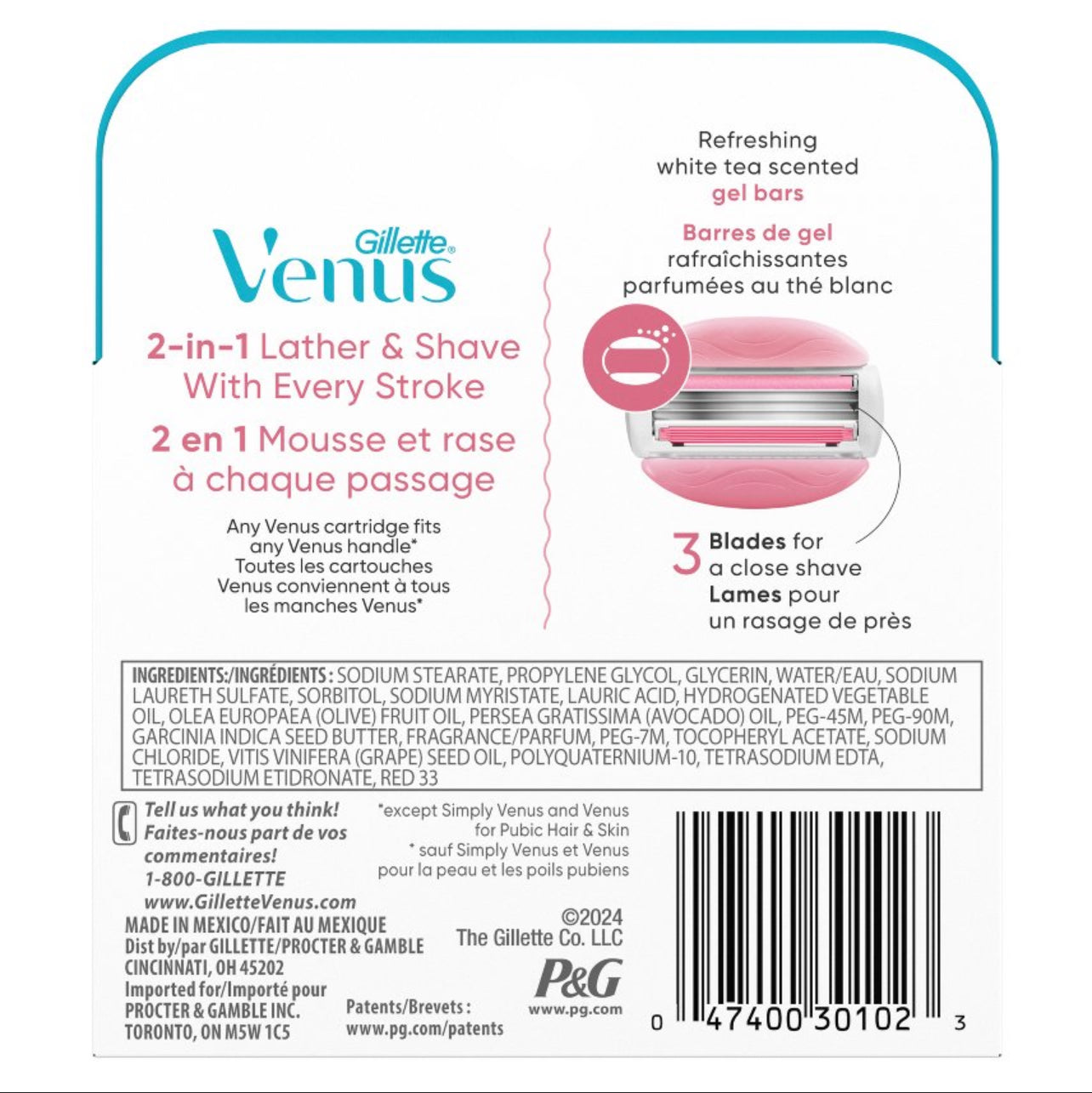 Venus ComfortGlide 3 White Tea Women's Razor Blade Refills, 4 Count