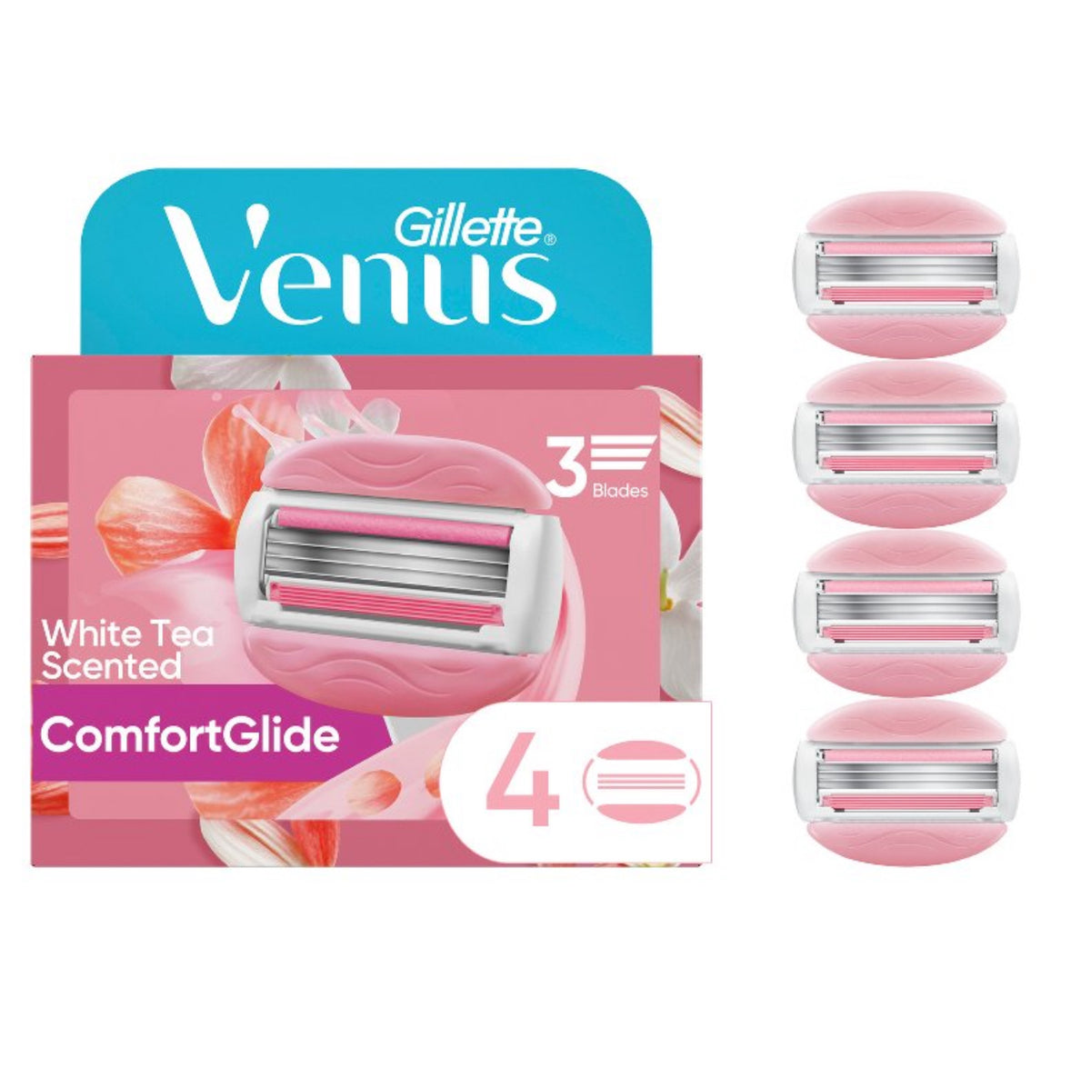 Venus ComfortGlide 3 White Tea Women&#39;s Razor Blade Refills, 4 Count