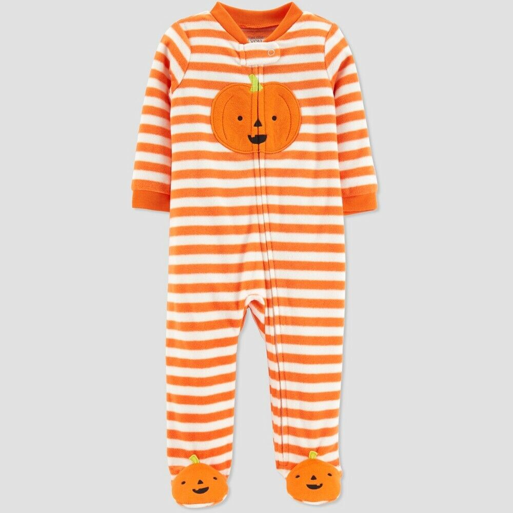 Carter&#39;s Halloween Baby Orange Stripe Pumpkin Fleece Pajamas One Piece