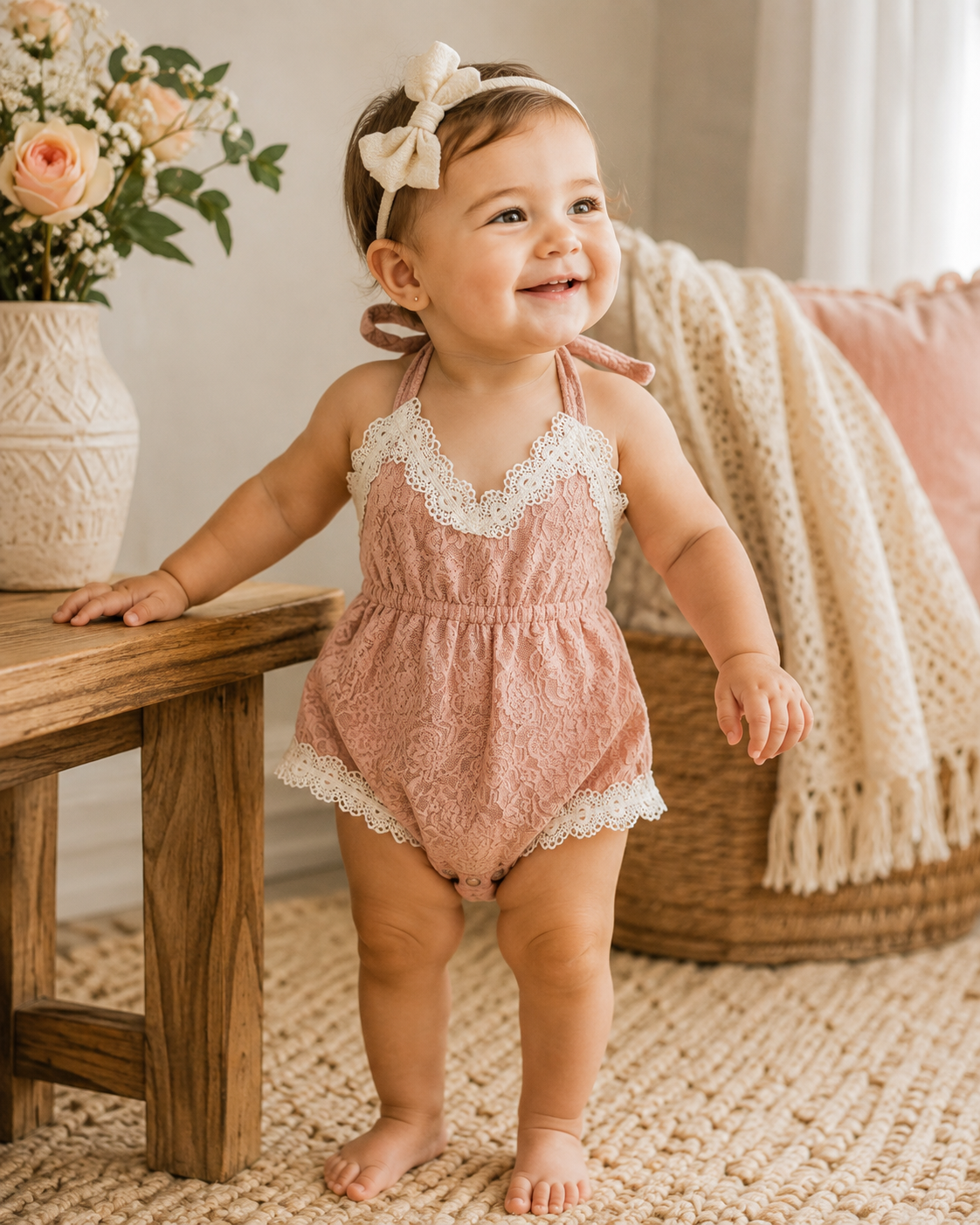 Bailey’s Blossoms Blush Lace Halter Romper