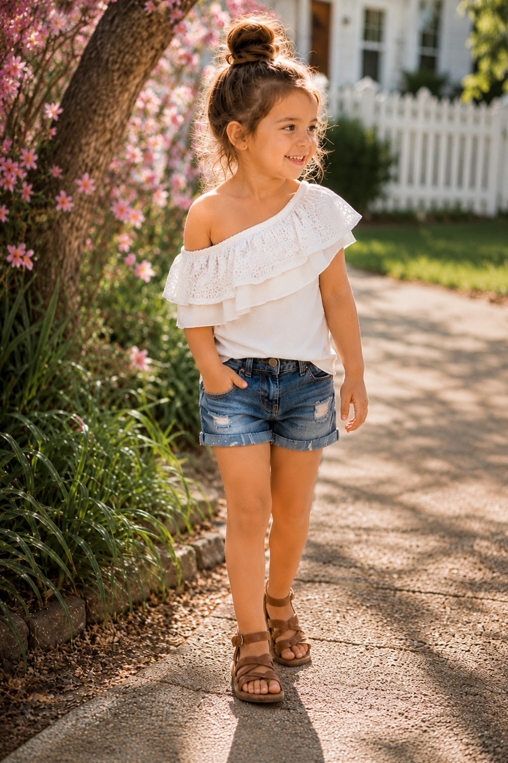 Bailey’s Blossoms Tracee One-Shoulder Eyelet Ruffle Top – White