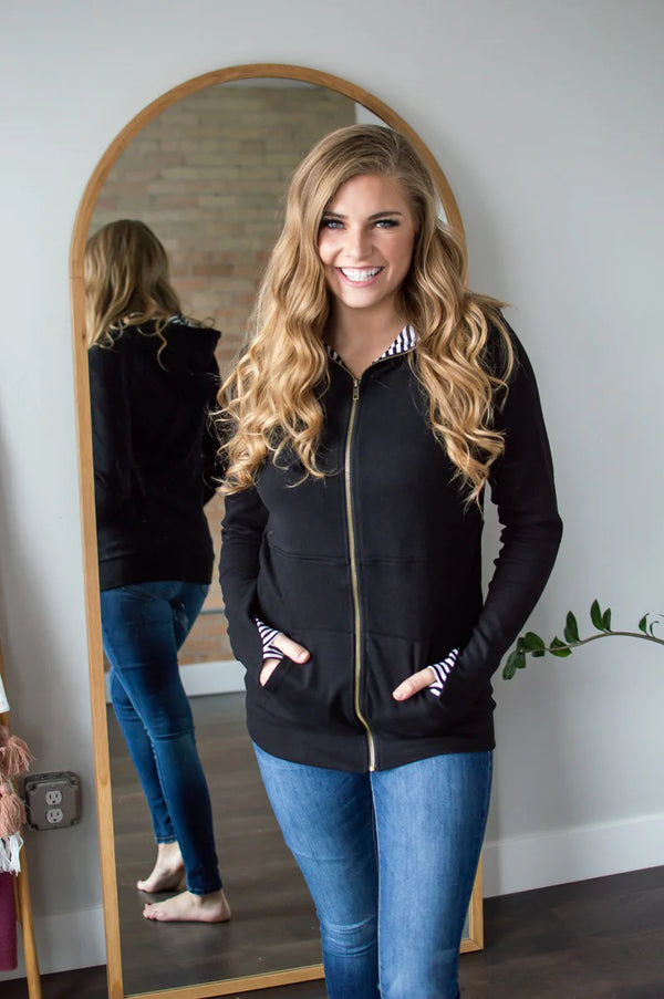 Black and white sales striped zip up hoodie