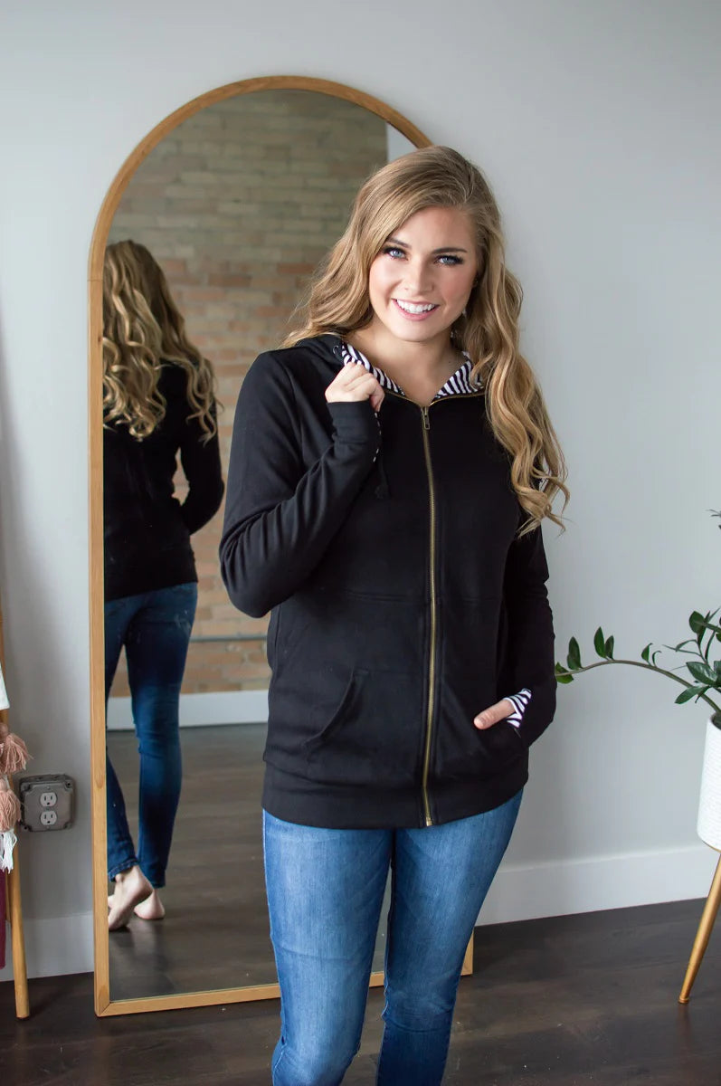 Black & White Stripes Zip Up Hoodie